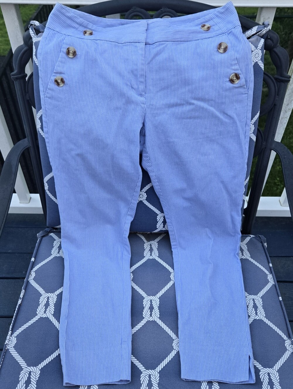 LOFT Outlet Light Blue & White Pinstripe Sailor Button Skinny Ankle Pants 6